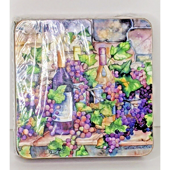 NEW Coasters Set 6 WINE CELLAR Cork Back Hardboard Wine Bottles Grapes 4 x 4" - Picture 3 of 3